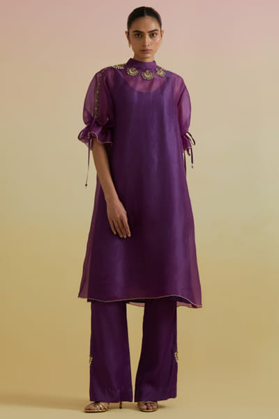Purple zari embroidered kurta set