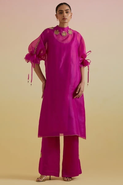 Pink zari embellished kurta set