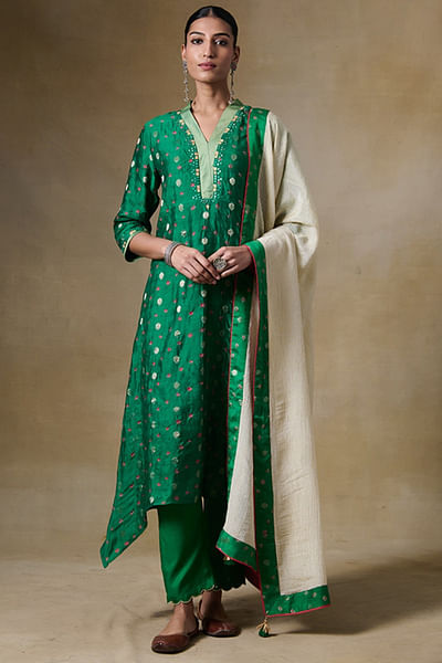 Green mirror embroidered kurta set