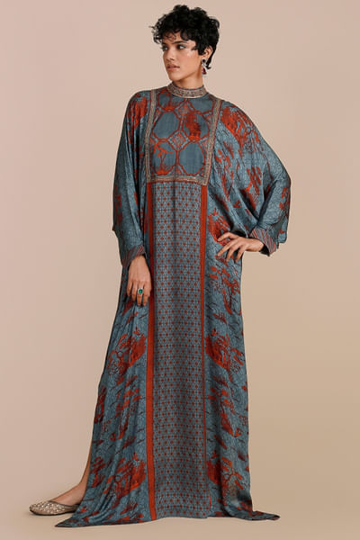 Cerulean blue bead embroidered kaftan