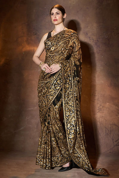 Black tilla embroidered sari