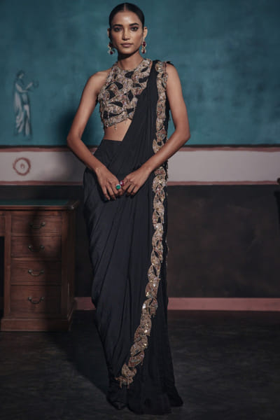 Black pre-draped sari set
