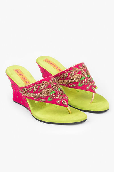 Pink and green embellished parrot wedges