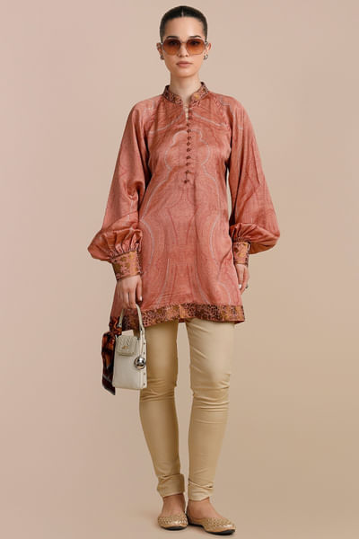 Rose pink jamawar printed long top