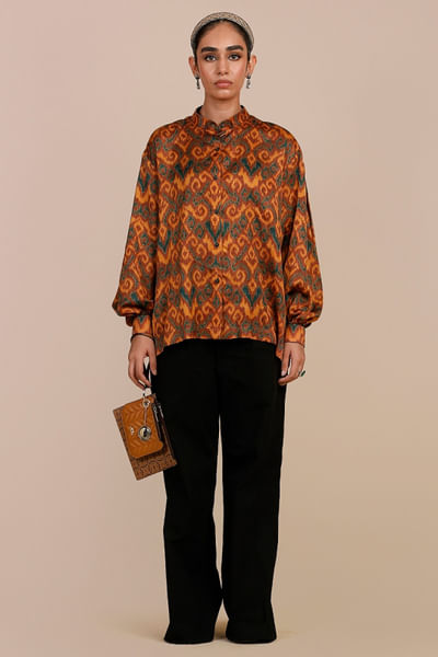 Rust orange ikat printed long top