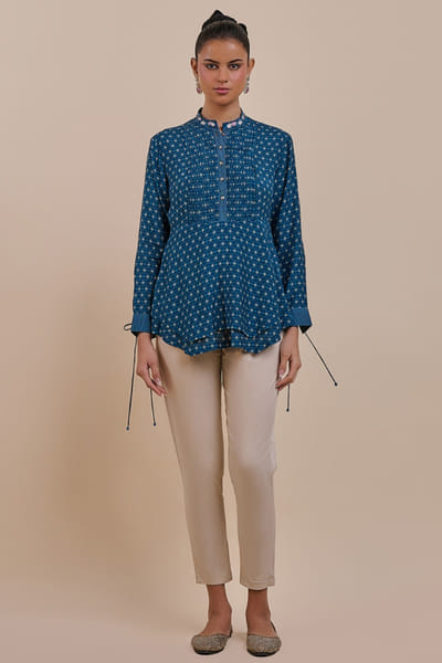 JJV.Kapurthala By JJ Valaya Blue printed pintucked asymmetric top JJVMAY26D144374