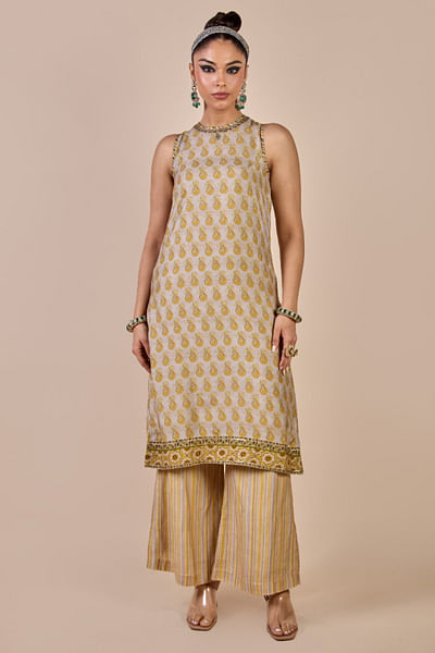 Yellow and ivory printed tunic set