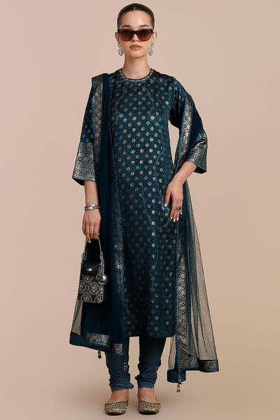 Prussian blue bead embellished tunic