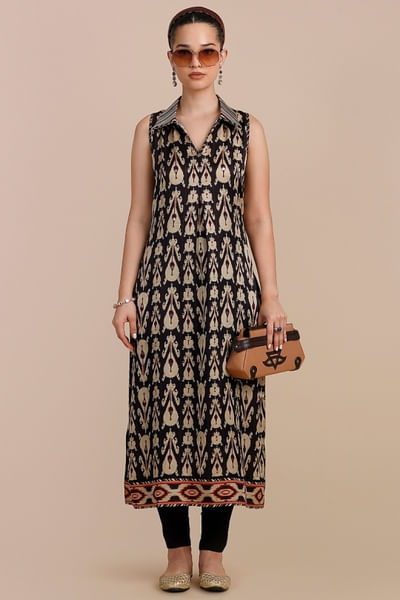 Midnight blue and ivory ikat printed tunic
