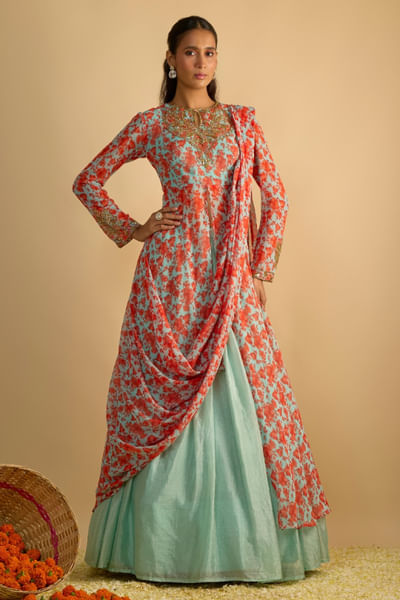 Blue printed jacket draped kurta lehenga set