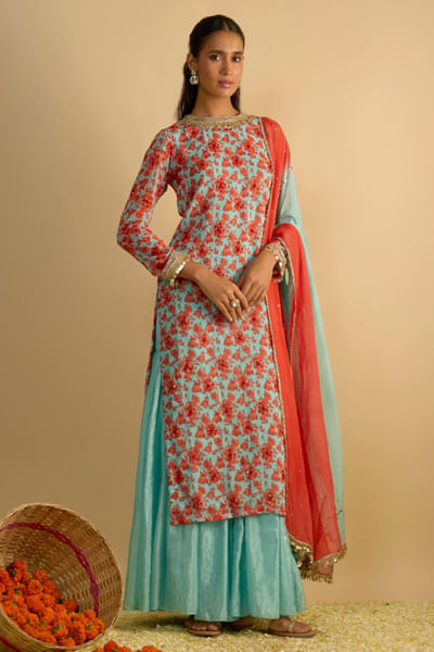 Blue floral print kurta set
