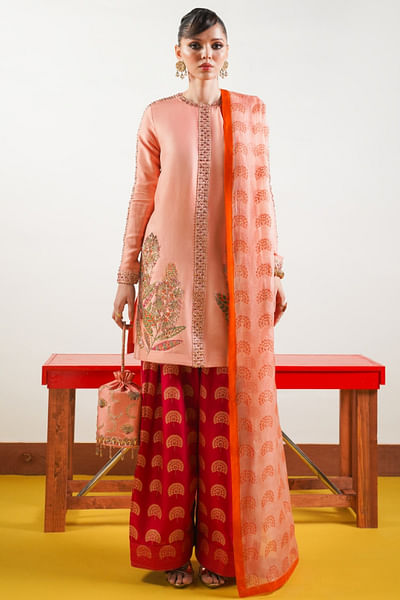 Light pink floral print embroidered kurta set