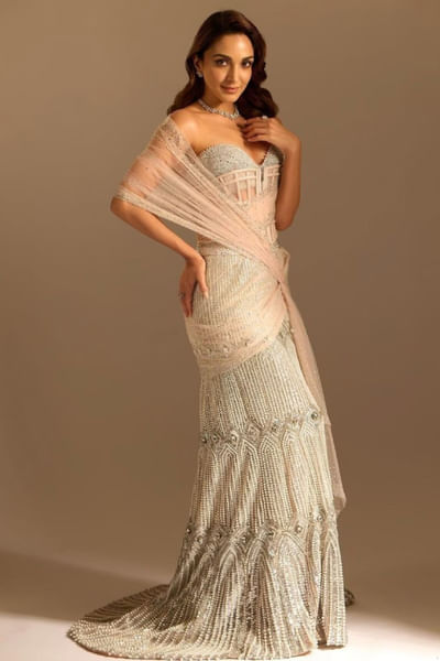 Pink pearl embellished corset lehenga set