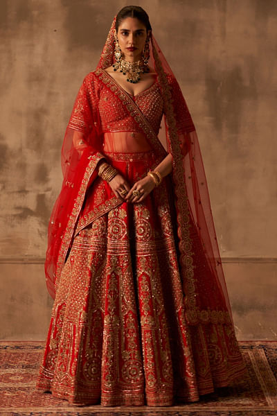Red silk embroidered lehenga set