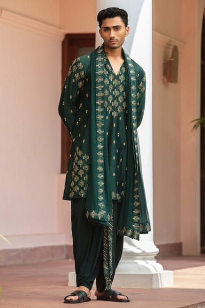 Bottle green embroidered kurta set