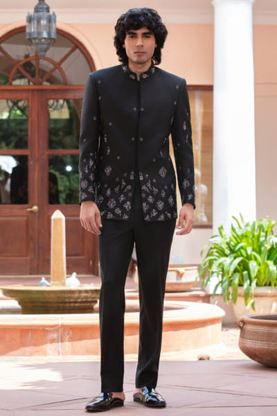 Black embroidered bandhgala set