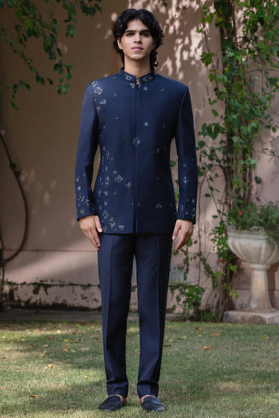 Blue embroidered bandhgala set