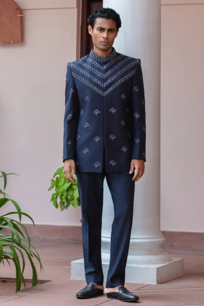 Navy blue embroidered bandhgala set
