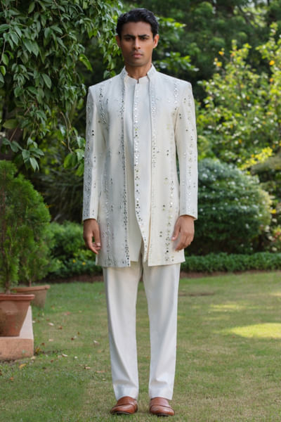 Off white embroidered indowestern jacket set