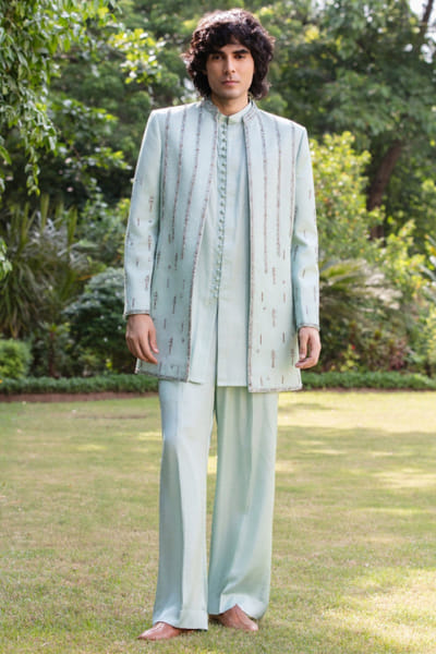 Bohame Mint green embroidered indowestern set BOHNOV25D138397