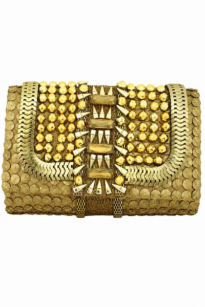 Box clutch with sequins, metal chains and stone work