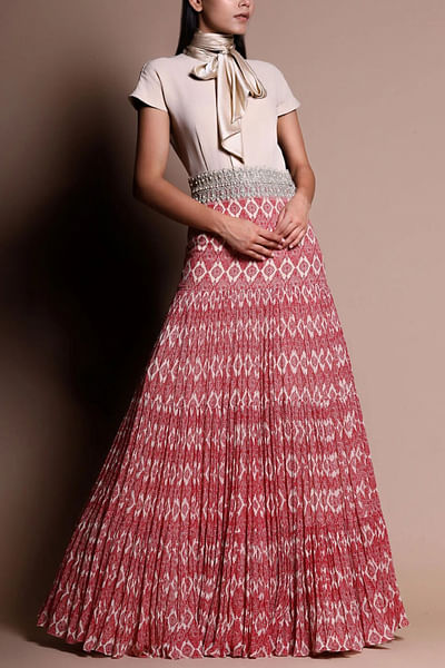 Ivory and maroon printed dress