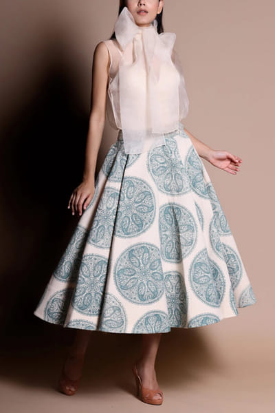 Ivory and blue printed blouse and skirt