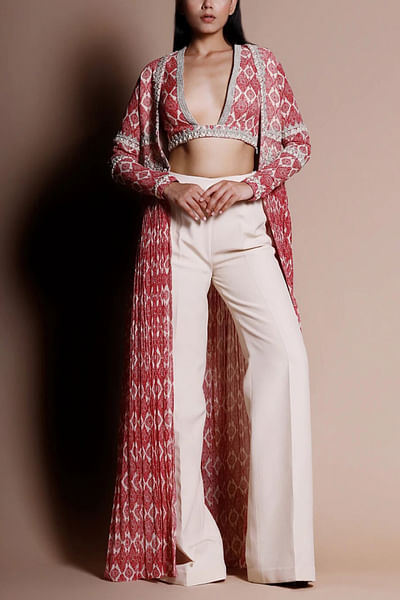 Maroon and ivory printed cape blouse and trousers