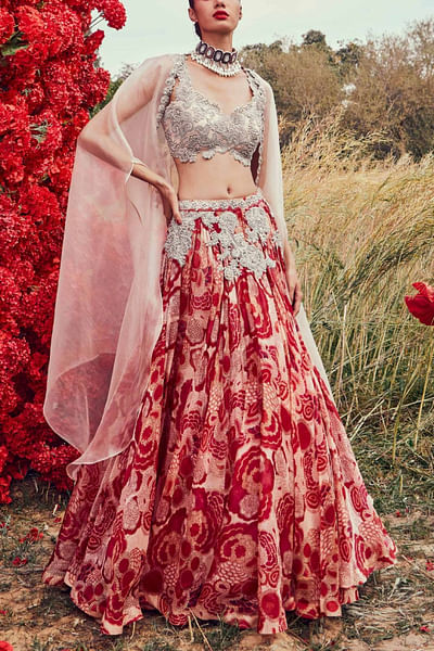 Red printed lehenga set