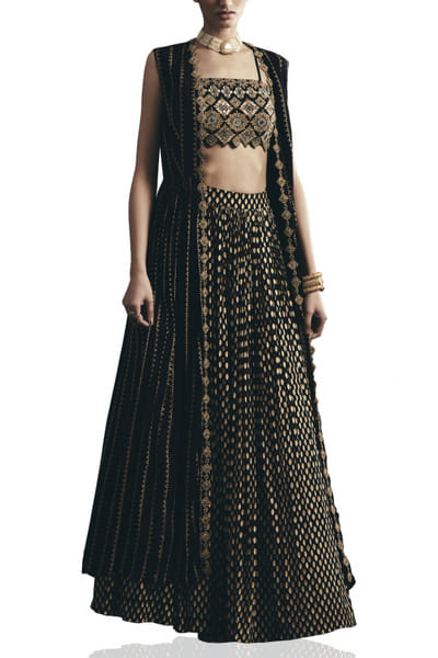 Bhumika Sharma Black printed cape and skirt set BMSBS010B