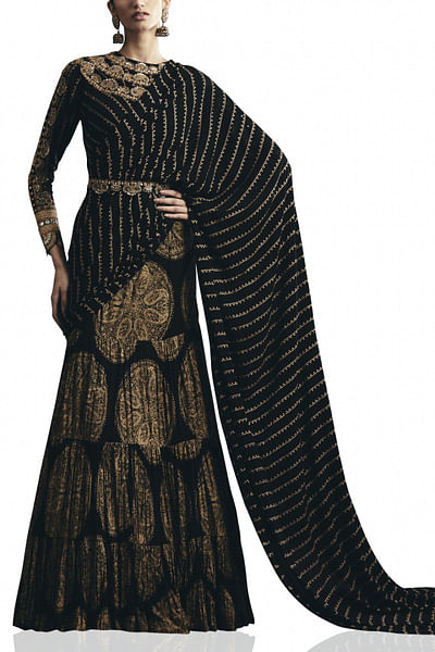 Black & gold printed sari set
