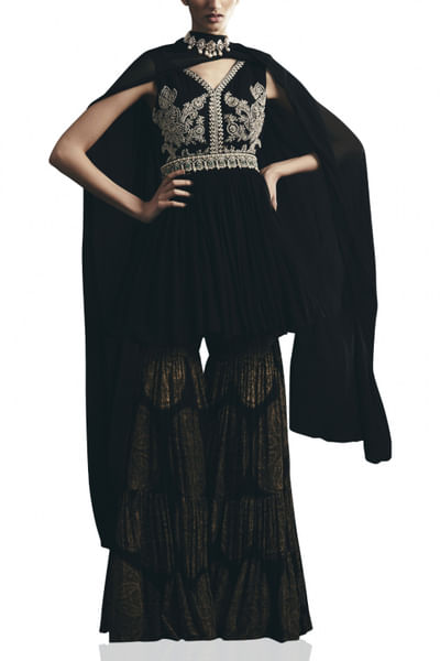 Black embroidered peplum kurta and sharara
