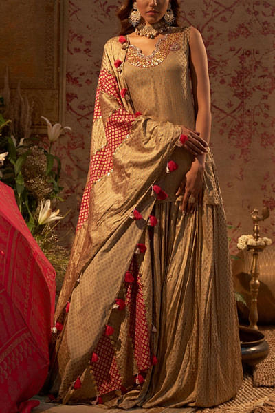 Gold mogra print kurta & skirt set