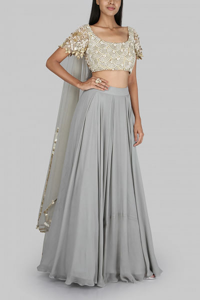 Pleated skirt with embroidered blouse and dupatta
