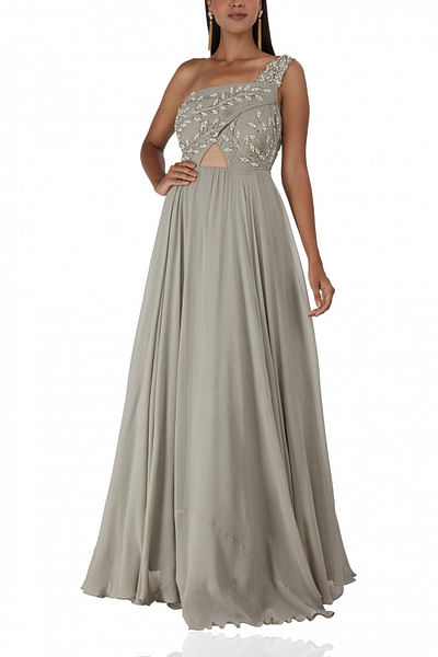 Grey one-shouldered gown