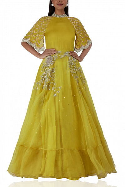 Yellow flowy sleeve gown