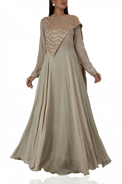 Grey gown with embroidered drape