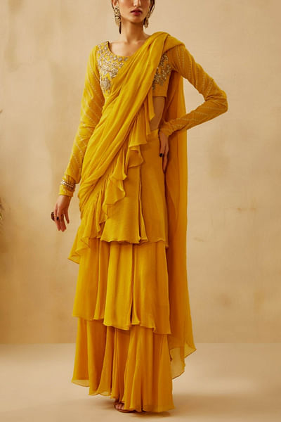 Yellow layered sari set