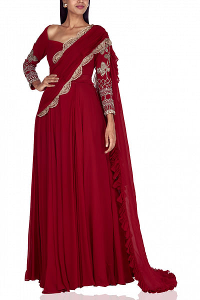 Red draped sari