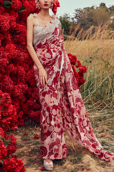 Red floral printed sari set