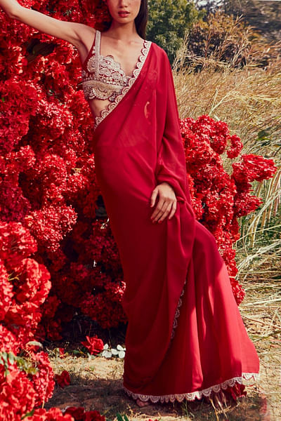 Fuchsia embellished sari set