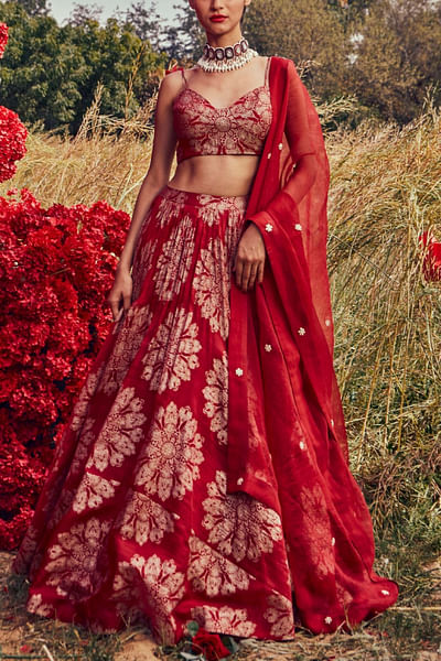 Red printed lehenga set