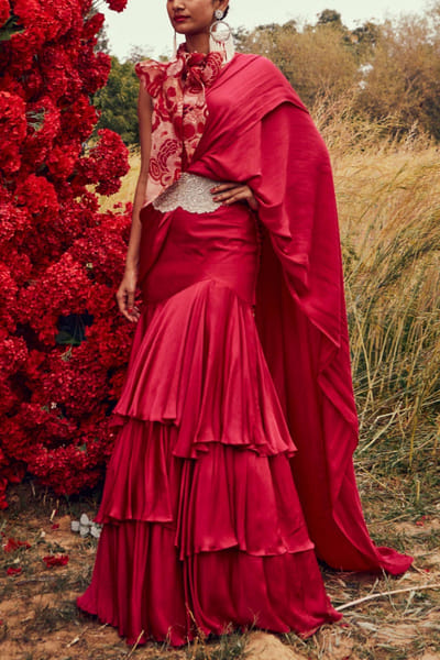 Fuchsia layered satin sari set