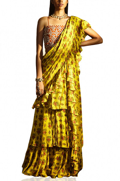 Yellow printed ruffle sari
