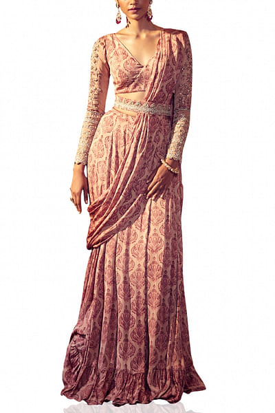 Pink printed pre-draped sari