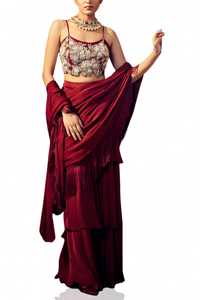 Burgundy draped sari