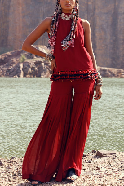 Red embroidered top and sharara pants