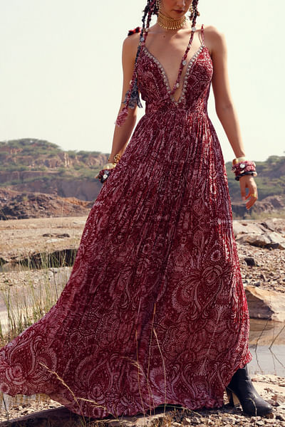Red floral printed long dress