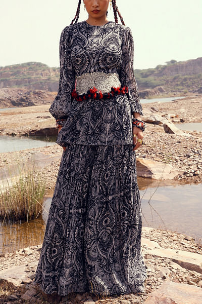 Black geo floral peplum top and skirt set