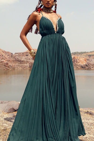 Green pleated long dress